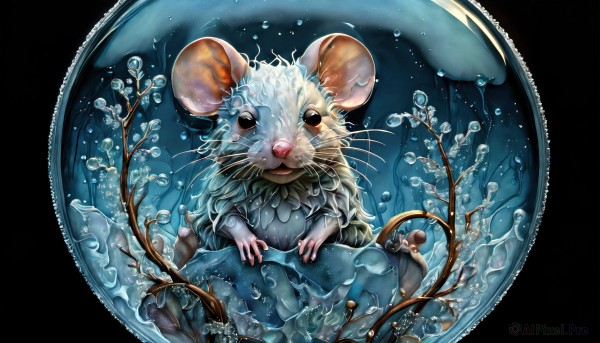 HQ,solo,looking at viewer,simple background,artist name,water,black eyes,no humans,animal,watermark,black background,web address,bubble,water drop,mouse ears,branch,air bubble,animal focus,mouse,whiskers,open mouth,full body,plant,realistic