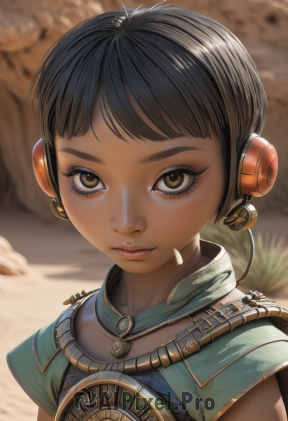 1girl,solo,looking at viewer,short hair,bangs,black hair,brown eyes,jewelry,closed mouth,upper body,artist name,dark skin,necklace,blurry,dark-skinned female,lips,eyelashes,blurry background,headphones,child,portrait,close-up,freckles,realistic,nose,very short hair,desert,brown hair,short sleeves,earrings,armor,headset