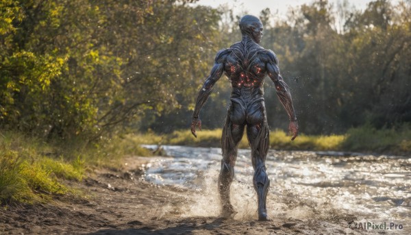 solo, 1boy, standing, male focus, outdoors, from behind, tree, nature, science fiction, realistic, alien