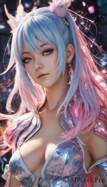 1girl,solo,long hair,breasts,looking at viewer,bangs,blue eyes,hair ornament,cleavage,jewelry,medium breasts,closed mouth,blue hair,collarbone,upper body,ponytail,pink hair,multicolored hair,earrings,armor,two-tone hair,lips,eyelashes,gradient hair,feathers,shoulder armor,realistic,nose,feather hair ornament,artist name,blurry,makeup,blurry background,gem,fantasy