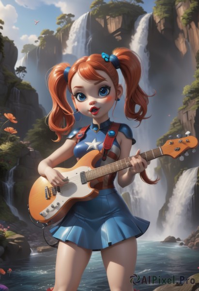 1girl,solo,long hair,breasts,looking at viewer,blush,smile,open mouth,blue eyes,skirt,hair ornament,dress,holding,twintails,jewelry,standing,flower,red hair,pleated skirt,earrings,small breasts,outdoors,sky,sleeveless,day,cloud,water,star (symbol),nail polish,orange hair,lips,blue skirt,makeup,blue dress,bird,blue shirt,lipstick,instrument,freckles,rock,music,guitar,red lips,mushroom,playing instrument,waterfall,cliff,plectrum,bangs,shirt,parted lips,artist name,armor,blue sky,eyelashes,sleeveless shirt,leaf,watermark,hair bobbles,shoulder armor,child,bandaid,nose,bandaid on face,star print,shoulder pads,electric guitar,ladybug