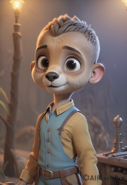 solo,looking at viewer,smile,shirt,long sleeves,1boy,holding,animal ears,brown eyes,closed mouth,standing,male focus,outdoors,collared shirt,belt,artist name,blurry,blurry background,child,furry,freckles,lamp,overalls,furry male,male child,lamppost,gloves,weapon,vest,extra ears