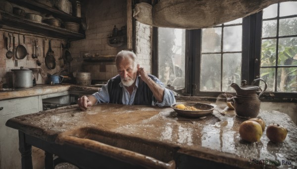 solo,shirt,1boy,white hair,male focus,food,day,indoors,vest,tree,window,facial hair,scar,table,plant,beard,sleeves rolled up,bowl,realistic,basket,bald,old,egg,old man,cooking,kitchen,frying pan,wooden table,short hair,sitting,grey hair,japanese clothes,cup,fruit,bottle,knife,hand on own face,head rest,spoon,mustache,manly,bread,brick wall,ladle,orange (fruit),jar,lemon,spatula,kettle,stove