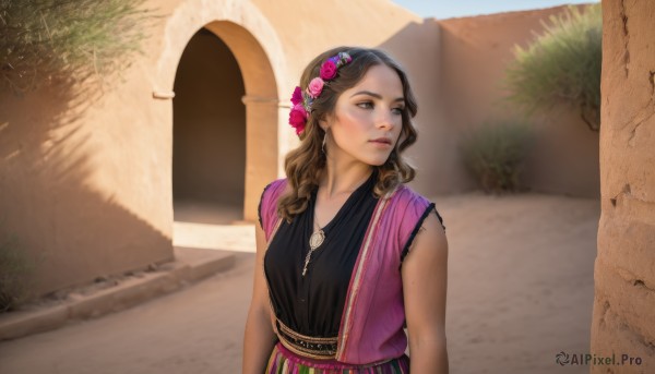 1girl,solo,long hair,breasts,skirt,brown hair,hair ornament,brown eyes,jewelry,closed mouth,upper body,flower,outdoors,sleeveless,day,hair flower,necklace,mole,vest,lips,looking to the side,wavy hair,looking away,sunlight,plant,pink flower,curly hair,realistic,nose,arms at sides,pink rose,blush,shirt,standing,collarbone,hairband,earrings,parted lips,black shirt,rose,pendant,open vest