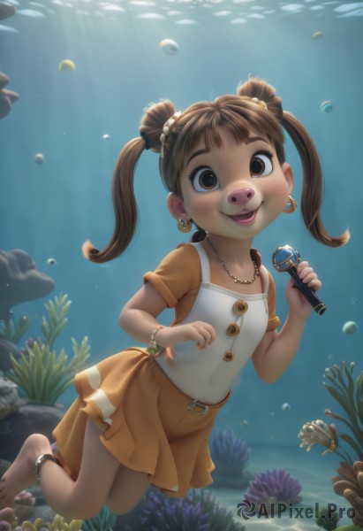 1girl,solo,long hair,looking at viewer,smile,open mouth,bangs,skirt,brown hair,shirt,holding,twintails,brown eyes,jewelry,short sleeves,:d,earrings,barefoot,belt,necklace,nail polish,flat chest,bracelet,lips,sunlight,short twintails,child,microphone,fish,bubble,beads,toenails,light rays,underwater,anklet,toenail polish,female child,air bubble,holding microphone,orange skirt,shell,pearl necklace,turtle,freediving,coral,seaweed,clownfish,blush,hair ornament,dress,teeth,water,ocean,hair bobbles,freckles,rock,music,swimming