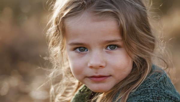 1girl,solo,long hair,looking at viewer,blonde hair,brown hair,closed mouth,blurry,lips,grey eyes,eyelashes,depth of field,blurry background,portrait,close-up,forehead,realistic,nose,brown eyes,freckles