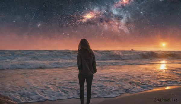 1girl,solo,long hair,brown hair,long sleeves,standing,jacket,outdoors,sky,pants,cloud,water,from behind,black jacket,night,ocean,beach,black pants,star (sky),night sky,scenery,starry sky,reflection,sunset,mountain,hands in pockets,sand,sun,horizon,facing away,waves,mountainous horizon,shore,footprints,hood,hoodie,hood down,milky way