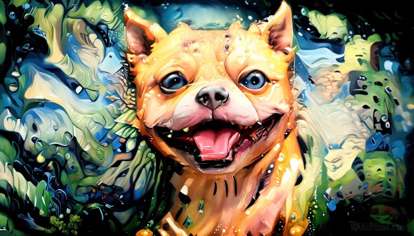 HQ,solo,looking at viewer,open mouth,blue eyes,teeth,tongue,tongue out,water,no humans,animal,fangs,fish,bubble,dog,underwater,air bubble,animal focus,leaf,plant,shiba inu