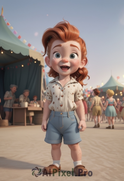 1girl,long hair,looking at viewer,blush,smile,open mouth,blue eyes,multiple girls,brown hair,shirt,dress,standing,full body,white shirt,ponytail,short sleeves,:d,outdoors,multiple boys,shoes,shorts,teeth,solo focus,day,socks,collared shirt,medium hair,black eyes,cup,grey eyes,upper teeth only,brown footwear,table,aged down,denim,white socks,child,clenched hands,freckles,blue shorts,denim shorts,female child,male child,balloon,crowd,string of flags,body freckles,red hair,orange hair,shadow,thick eyebrows,polka dot