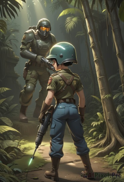 1girl,short hair,brown hair,shirt,black hair,gloves,1boy,holding,standing,weapon,ass,male focus,boots,outdoors,multiple boys,belt,pants,2boys,from behind,holding weapon,armor,uniform,tree,gun,military,military uniform,brown footwear,sunlight,helmet,plant,denim,holding gun,nature,rifle,handgun,forest,jeans,light rays,blue pants,holster,shoulder pads,police,soldier,flashlight,combat boots,emblem,assault rifle,badge