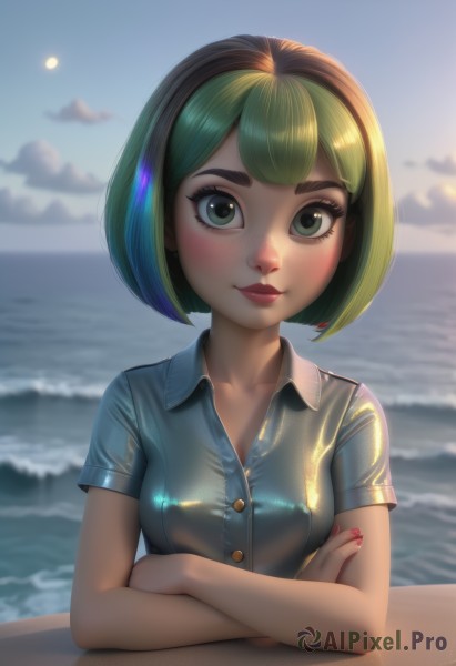 1girl,solo,breasts,looking at viewer,blush,smile,short hair,bangs,shirt,cleavage,medium breasts,closed mouth,green eyes,collarbone,upper body,short sleeves,multicolored hair,outdoors,green hair,sky,day,shiny,collared shirt,artist name,cloud,water,nail polish,blurry,two-tone hair,lips,fingernails,eyelashes,makeup,buttons,depth of field,blurry background,swept bangs,ocean,watermark,beach,crossed arms,moon,bob cut,thick eyebrows,blue shirt,wing collar,lipstick,red nails,full moon,pink nails,lens flare,backlighting,freckles,nose,sun,horizon,red lips,bokeh,mascara,black hair,cloudy sky,web address,waves