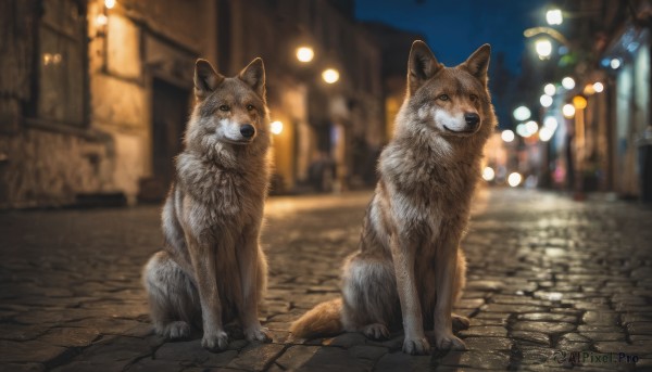 looking at viewer, outdoors, blurry, no humans, night, depth of field, blurry background, animal, dog, realistic, road, animal focus, street, pavement