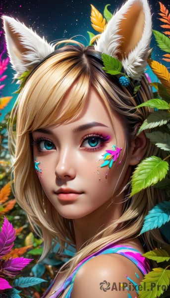 1girl,solo,long hair,looking at viewer,smile,bangs,blue eyes,blonde hair,hair ornament,animal ears,bare shoulders,jewelry,closed mouth,upper body,flower,sky,artist name,from side,aqua eyes,lips,animal ear fluff,fox ears,eyelashes,makeup,swept bangs,leaf,facial mark,plant,lipstick,portrait,star (sky),extra ears,eyeshadow,freckles,pink lips,nose,eyeliner,facepaint,mascara,paint splatter,hair flower