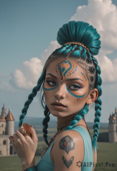 1girl,solo,long hair,breasts,looking at viewer,blue eyes,black hair,hair ornament,bare shoulders,jewelry,closed mouth,blue hair,upper body,braid,multicolored hair,earrings,small breasts,outdoors,sky,sleeveless,day,artist name,cloud,dark skin,necklace,blurry,twin braids,bracelet,from side,two-tone hair,aqua eyes,dark-skinned female,blue sky,lips,hands up,eyelashes,aqua hair,tattoo,makeup,depth of field,blurry background,watermark,facial mark,ring,tank top,web address,forehead,freckles,beads,hoop earrings,forehead mark,realistic,nose,arm tattoo,facepaint,shoulder tattoo,facial tattoo,mascara,multiple braids,shirt,nail polish,mole,piercing,cloudy sky,grass,eyeshadow