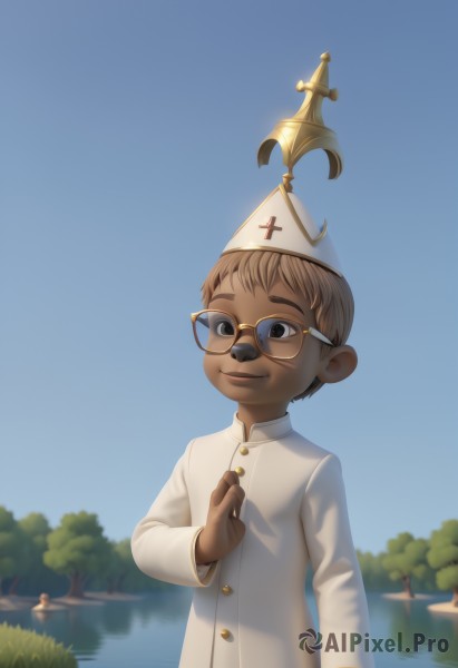 solo,smile,short hair,blonde hair,brown hair,long sleeves,1boy,hat,male focus,outdoors,sky,glasses,day,dark skin,water,black eyes,tree,blue sky,white headwear,dark-skinned male,cross,child,round eyewear,male child,priest,looking at viewer,brown eyes,upper body,facial hair,robe,mustache,fat man