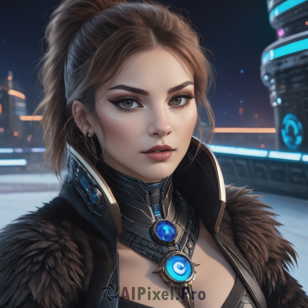 1girl,solo,long hair,breasts,looking at viewer,brown hair,cleavage,brown eyes,jewelry,medium breasts,upper body,ponytail,earrings,outdoors,parted lips,artist name,necklace,mole,blurry,lips,fur trim,eyelashes,mole under eye,makeup,night,blurry background,portrait,eyeshadow,freckles,science fiction,realistic,nose,red lips,large breasts,jacket,close-up,forehead,neon lights