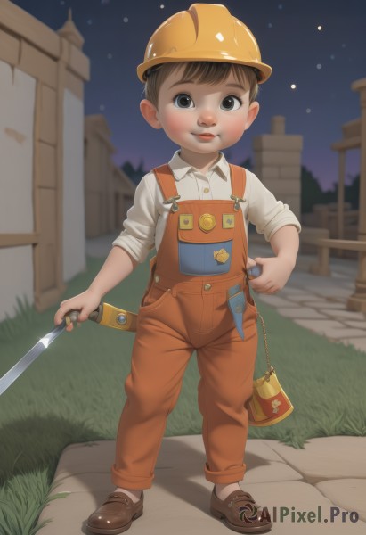 solo,looking at viewer,smile,short hair,brown hair,shirt,1boy,hat,holding,closed mouth,standing,full body,white shirt,weapon,male focus,outdoors,sky,shoes,socks,collared shirt,sword,black eyes,night,brown footwear,helmet,grass,knife,child,star (sky),night sky,overalls,male child,badge,yellow headwear,school hat,blush,brown eyes,bag