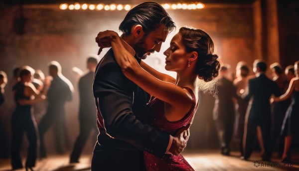 1girl,short hair,brown hair,black hair,1boy,dress,bare shoulders,jewelry,hetero,earrings,sleeveless,hair bun,blurry,looking at another,from side,hug,makeup,sleeveless dress,depth of field,blurry background,facial hair,formal,red dress,single hair bun,suit,couple,beard,eye contact,dancing,crowd,multiple girls,dark skin,necklace,lipstick,backlighting,realistic,manly,husband and wife,arm around waist,arms around waist