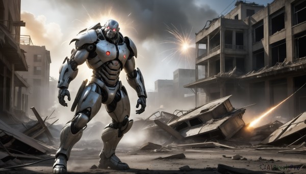 HQ,solo,red eyes,standing,outdoors,sky,cloud,no humans,glowing,robot,building,mecha,glowing eyes,smoke,science fiction,city,realistic,military vehicle,explosion,ruins,damaged,open hands,debris,dust,destruction,rubble,1boy,weapon,signature,armor,military,sun,battle,sparks