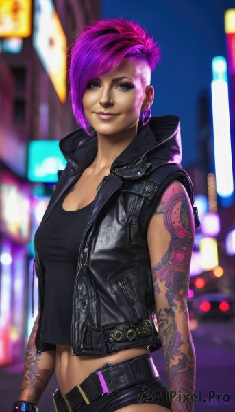 1girl,solo,breasts,looking at viewer,smile,short hair,gloves,navel,cleavage,jewelry,medium breasts,standing,jacket,pink hair,purple hair,cowboy shot,earrings,small breasts,outdoors,open clothes,shorts,sleeveless,midriff,belt,dark skin,hood,fingerless gloves,blurry,vest,bracelet,dark-skinned female,lips,crop top,short shorts,tattoo,makeup,depth of field,blurry background,black shorts,piercing,hood down,tank top,lipstick,ear piercing,eyeshadow,asymmetrical hair,black vest,hoop earrings,realistic,nose,eyeliner,arm tattoo,very short hair,undercut,facial tattoo,mascara,mohawk,cyberpunk,neon lights,green eyes,night,leather,nose piercing