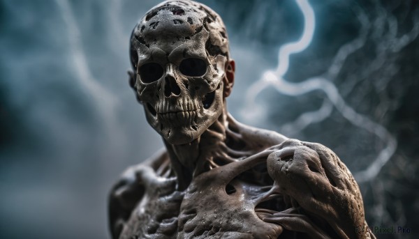 solo,looking at viewer,1boy,collarbone,upper body,male focus,blurry,no humans,blurry background,smoke,veins,skull,realistic,bald,skeleton,teeth,shiny,portrait,monster,bone,alien