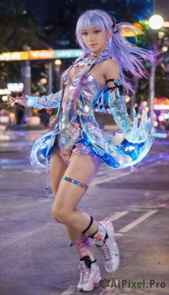 1girl,solo,long hair,breasts,looking at viewer,smile,bangs,blue eyes,hair ornament,gloves,cleavage,bare shoulders,jewelry,medium breasts,standing,full body,purple hair,multicolored hair,earrings,outdoors,detached sleeves,shoes,blurry,leotard,lips,see-through,thigh strap,night,blurry background,skates,holding,blue hair,swimsuit,white hair,small breasts,socks,necklace,white footwear,sneakers,light purple hair,city,realistic,road,street,cyberpunk,ice skates