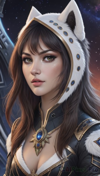 1girl,solo,long hair,breasts,looking at viewer,bangs,brown hair,black hair,animal ears,cleavage,brown eyes,jewelry,medium breasts,green eyes,upper body,parted lips,sky,artist name,cat ears,signature,hood,lips,fur trim,eyelashes,makeup,night,gem,star (sky),night sky,starry sky,freckles,realistic,nose,red lips,animal hood