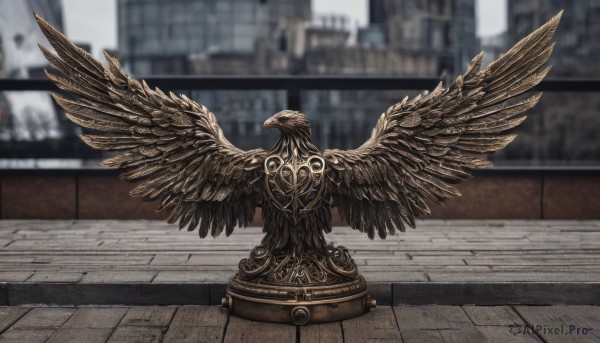 solo,outdoors,wings,day,from behind,blurry,no humans,depth of field,blurry background,building,scenery,feathered wings,city,statue,1other,monster,angel wings,cityscape,ambiguous gender,multiple wings,spread wings,brown wings,eldritch abomination