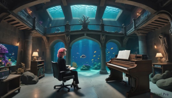 1girl,solo,short hair,long sleeves,1boy,sitting,pink hair,male focus,red hair,pants,indoors,water,black footwear,book,chair,black pants,formal,table,suit,scenery,desk,fish,bubble,light rays,paper,stairs,underwater,bookshelf,lamp,air bubble,computer,wide shot,office chair,jellyfish,turtle,coral,office,desk lamp,aquarium,dress,flower,black dress,from side,rock,candle,pillar,surreal,chandelier