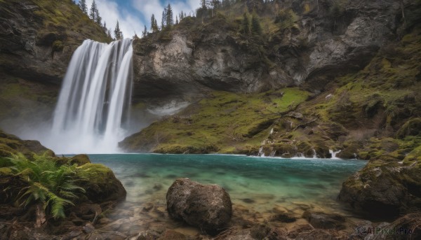 A vivid day highlighting a waterfall