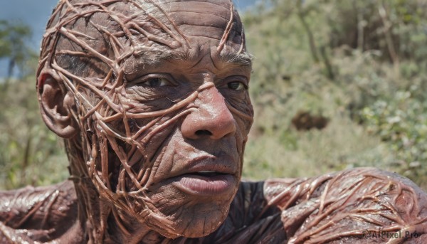 solo,looking at viewer,1boy,male focus,outdoors,day,blurry,black eyes,tree,blurry background,portrait,realistic,alien,closed mouth,sky,blue sky,no humans,close-up,veins,meme,monster