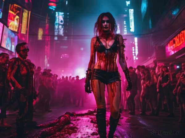 1girl,long hair,breasts,black hair,gloves,navel,cleavage,medium breasts,standing,boots,multiple boys,shorts,solo focus,black gloves,midriff,gun,torn clothes,short shorts,blood,tattoo,night,glowing,black shorts,walking,science fiction,6+boys,city,realistic,blood on clothes,zombie,blood splatter,crowd,death,cyberpunk,corpse,neon lights,short hair,swimsuit,weapon,bikini,fingerless gloves,necklace,sunglasses,denim,front-tie top,bikini top only,denim shorts,front-tie bikini top,cutoffs