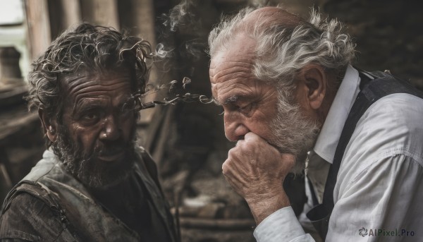 shirt,black hair,long sleeves,white shirt,upper body,white hair,male focus,multiple boys,collared shirt,dark skin,2boys,blurry,looking at another,vest,blurry background,facial hair,scar,dark-skinned male,beard,black vest,realistic,mustache,bald,manly,old,old man,smile,short hair,sitting,closed mouth,closed eyes,grey hair,indoors,from side,lips,depth of field,thick eyebrows,scar on face,smoke,curly hair,scar across eye,smoking,hand on own chin,brown vest,thinking,wrinkled skin