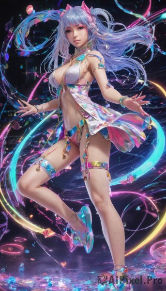 1girl,solo,long hair,breasts,looking at viewer,bangs,large breasts,hair ornament,navel,cleavage,bare shoulders,twintails,jewelry,medium breasts,underwear,blue hair,panties,full body,parted lips,high heels,bracelet,lips,thigh strap,floating hair,armlet,floating,realistic,anklet,blue eyes,standing,swimsuit,bikini,choker,nail polish,two side up,fingernails,see-through,bell,leg up,standing on one leg,blue nails,thighlet