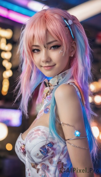 1girl,solo,long hair,breasts,looking at viewer,smile,bangs,hair ornament,dress,cleavage,bare shoulders,jewelry,medium breasts,closed mouth,upper body,pink hair,multicolored hair,earrings,sleeveless,artist name,necklace,blurry,black eyes,from side,two-tone hair,lips,grey eyes,makeup,depth of field,blurry background,gem,armlet,freckles,realistic,nose,blue hair,veil