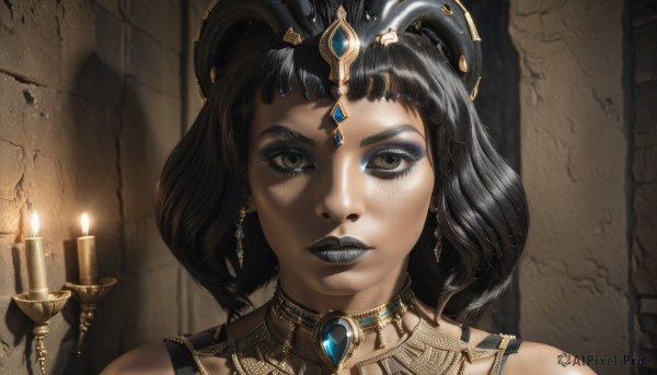 1girl,solo,looking at viewer,short hair,bangs,black hair,hair ornament,bare shoulders,brown eyes,jewelry,earrings,parted lips,choker,dark skin,black eyes,dark-skinned female,lips,eyelashes,makeup,tiara,lipstick,gem,portrait,eyeshadow,realistic,candle,wall,straight-on,mascara,egyptian,egyptian clothes,black lips,teeth,necklace,eyeliner