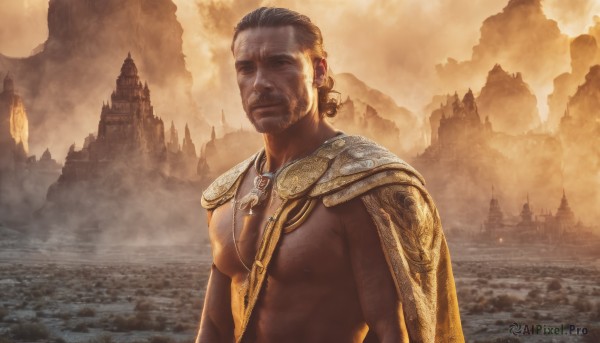 solo,brown hair,black hair,1boy,jewelry,closed mouth,nipples,upper body,male focus,outdoors,dark skin,water,necklace,cape,armor,muscular,facial hair,dark-skinned male,pectorals,muscular male,building,beard,realistic,manly,castle,looking at viewer,short hair,scar,abs,scenery,bara,scar on face,large pectorals,mature male,bare pectorals