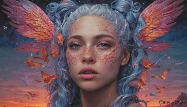 1girl,solo,long hair,looking at viewer,blue eyes,blue hair,outdoors,parted lips,wings,sky,teeth,cloud,lips,eyelashes,makeup,bug,feathers,head wings,butterfly,portrait,star (sky),forehead,freckles,curly hair,sunset,mountain,realistic,nose,red lips,artist name,watermark