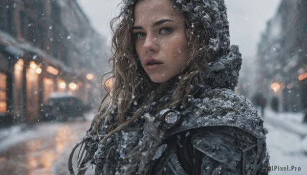 1girl, solo, long hair, looking at viewer, brown hair, upper body, outdoors, parted lips, hood, armor, blurry, lips, blurry background, snow, freckles, snowing, realistic, winter