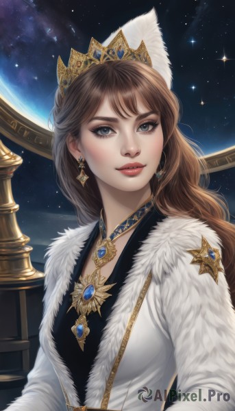 1girl,solo,long hair,breasts,looking at viewer,smile,bangs,blue eyes,brown hair,dress,jewelry,medium breasts,upper body,earrings,parted lips,sky,choker,necklace,lips,coat,grey eyes,fur trim,makeup,tiara,feathers,crown,gem,star (sky),starry sky,white coat,red lips,space,planet,pillar,long sleeves,artist name,eyelashes,wavy hair,lipstick,pendant,realistic,nose