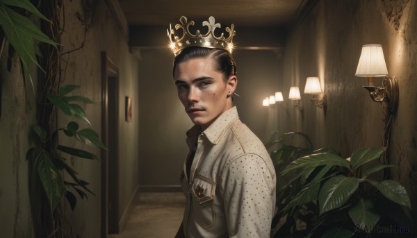 solo,looking at viewer,shirt,black hair,1boy,jewelry,upper body,male focus,earrings,parted lips,necktie,collared shirt,indoors,mole,black eyes,from side,lips,mole under eye,facial hair,leaf,polka dot,crown,plant,freckles,realistic,door,light,lamp,wall,parody,emblem