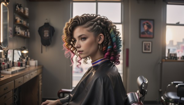 1girl,solo,looking at viewer,blue eyes,brown hair,black hair,jewelry,upper body,pink hair,red hair,multicolored hair,earrings,indoors,mole,blurry,from side,two-tone hair,lips,eyelashes,window,gradient hair,profile,makeup,blurry background,umbrella,bottle,freckles,curly hair,mirror,realistic,nose,photo (object),shelf,kitchen,sink,cabinet,short hair,choker,dark skin,dark-skinned female,chair,hoop earrings,lamp