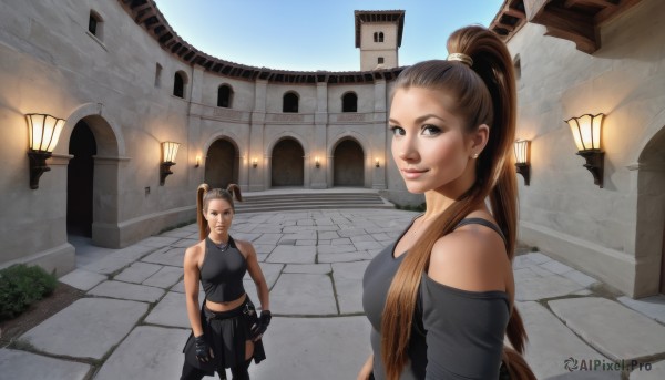 long hair,breasts,looking at viewer,smile,multiple girls,brown hair,gloves,navel,2girls,bare shoulders,brown eyes,jewelry,ponytail,outdoors,midriff,fingerless gloves,necklace,off shoulder,lips,tank top,high ponytail,building,realistic,nose,clothes around waist,medium breasts,weapon,pants,gun,sisters