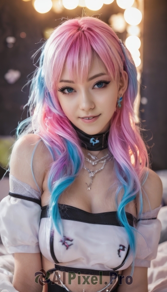 1girl,solo,long hair,breasts,looking at viewer,smile,bangs,blue eyes,cleavage,bare shoulders,jewelry,medium breasts,blue hair,upper body,pink hair,short sleeves,multicolored hair,earrings,parted lips,detached sleeves,choker,midriff,puffy sleeves,artist name,necklace,off shoulder,mole,blurry,two-tone hair,lips,crop top,gradient hair,makeup,blurry background,black choker,piercing,realistic,k/da (league of legends),belt,signature,see-through,eyelashes,strapless,wavy hair,ear piercing,tube top,navel piercing,bokeh,mascara,chain necklace