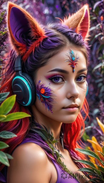 1girl,solo,long hair,breasts,looking at viewer,black hair,animal ears,cleavage,bare shoulders,medium breasts,closed mouth,purple eyes,upper body,purple hair,red hair,multicolored hair,sleeveless,artist name,cat ears,blurry,from side,two-tone hair,lips,fox ears,eyelashes,gradient hair,makeup,blurry background,headphones,leaf,facial mark,plant,lipstick,portrait,eyeshadow,nose,eyeliner,mascara,animal ear headphones,cat ear headphones,jewelry,flower,fake animal ears,bug,gem,freckles,realistic