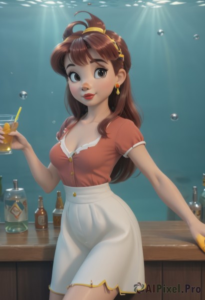 1girl,solo,long hair,breasts,looking at viewer,blush,smile,bangs,skirt,brown hair,shirt,holding,cleavage,brown eyes,jewelry,medium breasts,closed mouth,collarbone,ahoge,short sleeves,cowboy shot,hairband,earrings,food,artist name,water,cup,puffy short sleeves,lips,makeup,fruit,watermark,sunlight,white skirt,bottle,lipstick,red shirt,holding cup,web address,alcohol,drinking glass,freckles,bubble,high-waist skirt,ice,underwater,nose,drink,red lips,shirt tucked in,glass,air bubble,ice cube,cocktail glass,standing,puffy sleeves,drinking straw