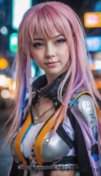 1girl,solo,long hair,breasts,looking at viewer,smile,bangs,blue eyes,brown eyes,jewelry,medium breasts,closed mouth,upper body,pink hair,midriff,artist name,necklace,blurry,lips,crop top,makeup,depth of field,blurry background,realistic,nose,cleavage,multicolored hair,grey eyes,science fiction,cyberpunk