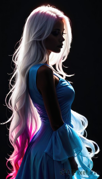 1girl,solo,long hair,breasts,simple background,dress,bare shoulders,medium breasts,very long hair,closed mouth,closed eyes,pink hair,white hair,multicolored hair,cowboy shot,detached sleeves,sleeveless,dark skin,from side,dark-skinned female,gradient hair,profile,sleeveless dress,blue dress,colored skin,wavy hair,black background,nose,gloves,standing,lips,see-through,looking to the side,eyelashes,sideboob,makeup,half-closed eyes,eyeshadow,backlighting,very dark skin,sidelighting