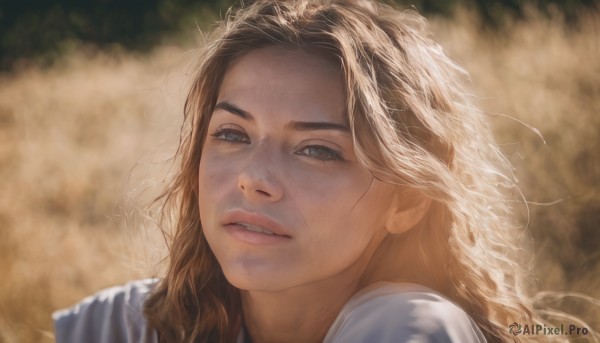 1girl,solo,long hair,looking at viewer,blue eyes,blonde hair,brown hair,shirt,white shirt,parted lips,teeth,blurry,lips,blurry background,wavy hair,messy hair,portrait,freckles,realistic,nose,brown eyes,eyelashes,close-up