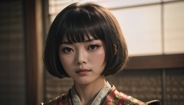 1girl,solo,looking at viewer,short hair,bangs,brown hair,black hair,brown eyes,closed mouth,japanese clothes,indoors,blunt bangs,kimono,mole,blurry,black eyes,lips,eyelashes,mole under eye,depth of field,blurry background,piercing,bob cut,portrait,freckles,realistic,nose,blush,sunlight,close-up,backlighting,east asian architecture